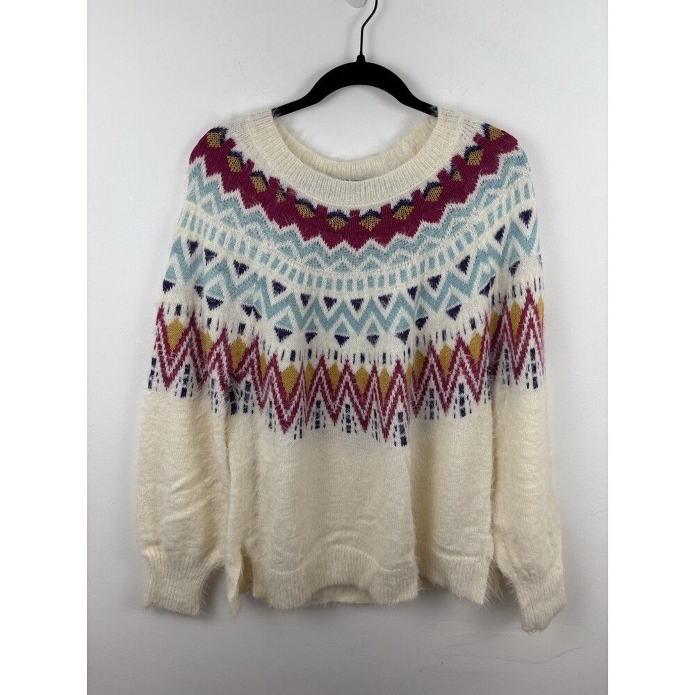 Time and Tru Womens Fair Isle Fuzzy Sweater Cream White Medium Nylon Acrylic